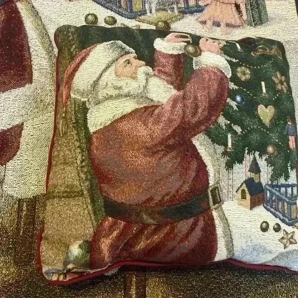 Christmas Holiday Fringe Throw Blanket Tapestry Santa VINTAGE Matching Pillow - Picture 3 of 5